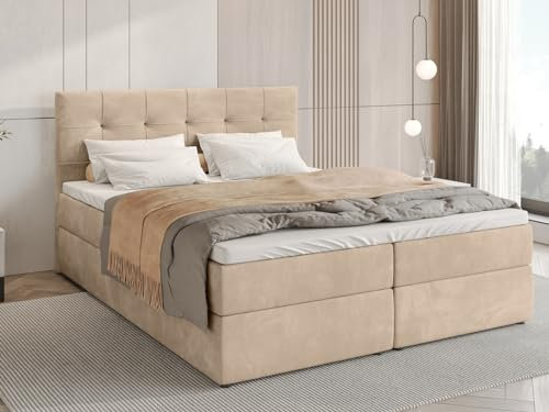 BROMARKT Boxspringbett mit Bonell Matratze und Bettkasten Doppelbett mit Topper 160x200cm Härtegrad H3 Bett für Schlafzimmer gepolsterte Kopfstütze Detroit Beige