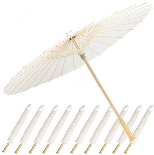 WUKUAIER 33 Paper Umbrellas for Weddings Wooden Handle Parasol Umbrella Decorative Chinese Japanese White Paper Painting Umbrellas Crafts for Wedding Bridal Party Décor(10PS)