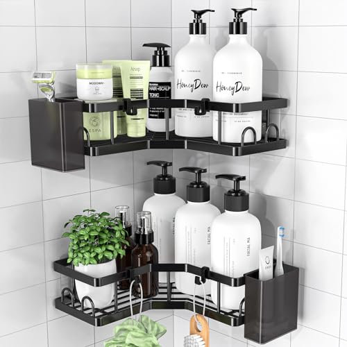 PKBD Corner Shower Caddy 2 Pack,Bathroom Storage No Drilling,Shower Storage with Soap Holder&Hooks&Toothpaste Holders,Bathroom or Kitchen,Rustproof Stainless Steel Suction Bathroom Accessories,Black