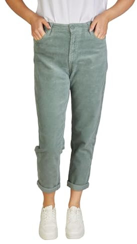 DENIMFY Cordhose Damen Mom Fit High Waist Gerades Bein Stretch DFLisa Cord Hose Pants Reißverschluss Taschen Einfarbig Blau L, Größe:L, Farben:Mineral Green