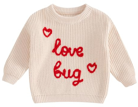 Chunky Knit Jumper Baby Valentine's Day Outfit Hearts Embroidered Baby Knitted Jumper Newborn Boys Girls Oversized Sweater Toddler Knitwear (Love Bug Beige, 2-3 Years)