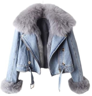 FM2018XSL Veste en Jean Hiver Femme avec Doublure Amovible en Fausse Fourrure Manteau d'Hiver Court Chaude Veste Parka (FR/ES, Alpha/lettres, S, Taille normale, Taille normale, Bleu Clair)