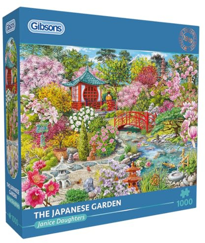 Gibsons The Japanese Garden 1000 Piece Jigsaw Puzzle for Adults - Beautiful Japanese Pagoda Colourful Artwork by Janice Daughters - Premium Sustainable Puzzle Made in the UK/EU