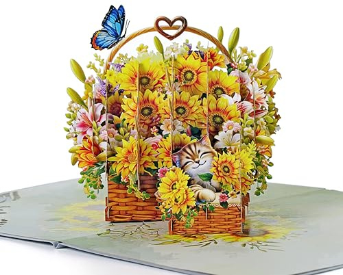 CUTPOPUP Sunflower basket w cat, carte pop-up pour la fête des mères, carte de vœux d'anniversaire 3D, carte de fête des mères pour femme, maman, épouse, grand-mère, fille SD227FR1520