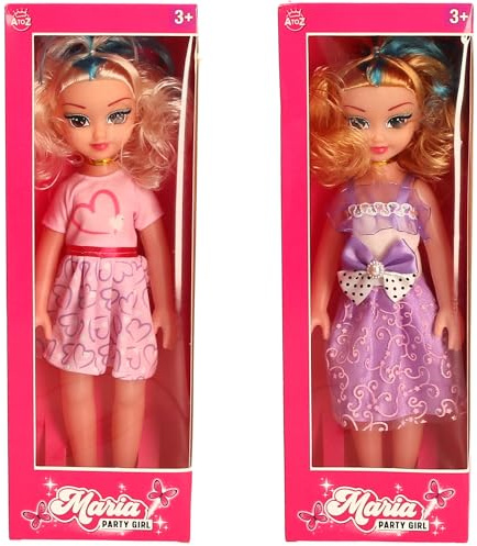 A to Z Maria Party Girl Fashion Doll Set, 2 Outfits - Pink Heart Dress and Purple Party Dress, Ages 3+