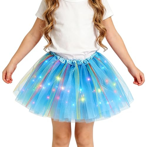 TRYUEN Girls Led Tutu Skirt Light Up Ballet Tulle Skirts Fluffy Dress Up Costume for Halloween Party 2-8 Years Old (UK, Age, 2 Years, 8 Years, Regular, Standard, Rainbow Blue)