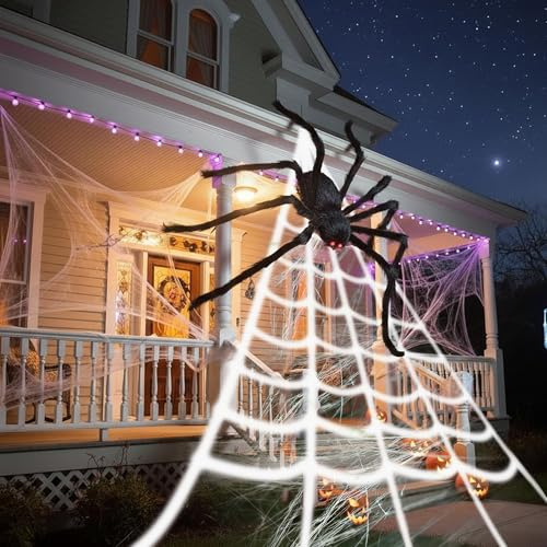 Halloween spindelnät set utomhus – 7 m nät med 1,5 m jättespindel + 20 minispindlar & 40 g spindelväv, läskig halloweenträdgårdsdekoration för hem, trädgård, fest inomhus och utomhus