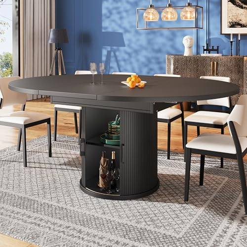 Gxffipw Ausziehbarer Esstisch Oval 118-158x118x76.8 cm mit Verstellbare Füße, Runder Esstisch Ausziehbar mit Verstecktem Stauraum, Esszimmertische, Esszimmermöbel, Küchenmöbel, Schwarz