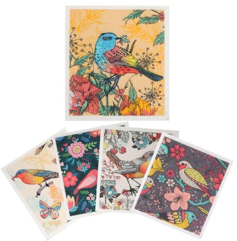 CZXCV 5 Pcs Swedish Dishcloths Reusable Kitchen Cleaning Cloths Absorbent Quick Drying Washable Dish Cloths for Washing Up (Birds Flowers)