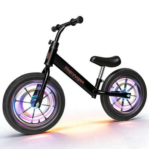Hapyugee Toddler Balance Bike,14 Lighting Wheels,Air Tires,Kids' Balance Bikes for 3-6 Years Old with Adjustable Seat,No Pedal Training Bicycle for Boys Girls Birthday Christmas (Black)