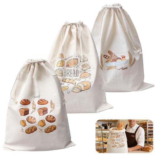 Pack de 3 Bolsa de Pan de Lino y Algodón (30x40cm), Bolsa Pan Tela Reutilizable con Cordón y Estampado, Saco de Almacenamiento Transpirable para Pan Casero, Hogaza, Frutas y Verduras