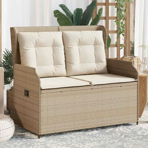 Mimdixy Sofá de esquina para balcón, sofá de jardín, grupo de asientos al aire libre, banco de jardín ajustable con cojín beige de poliratán, para balcón, jardín, interior y exterior, terraza, patio