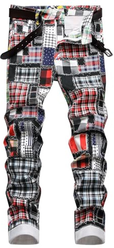 Stretch slim fit jeans män – tryckta jeans för män grafiska lapptäcksbyxor vardag raka ben denim hiphop punk streetwear bekväma smala byxor mode mångsidiga byxor