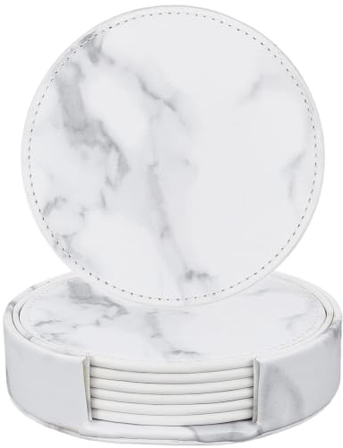 CALFOVERA 6 sottobicchiere Antiscivolo in Pelle PU Effetto Marmo Bianco per Bevande, Rotondo, da 10cm, con Base Isolante Termica, Protezione Anti-Goccia, Fatto A Mano, per Tazze di Vetro, Bar di Ca
