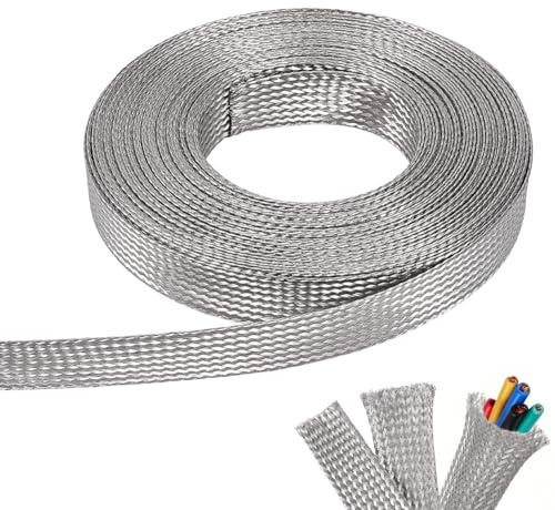 NBEADS 32.8ft 304 Stainless Steel Braided Cable Sleeve, 0.7 Inch Wide Stainless Steel Color Flat Tinned Braided Ground Wire Mesh, Flexible Shielding Sleeve for Cables