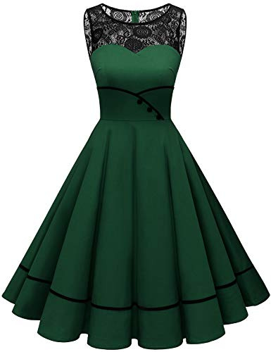 Bbonlinedress Abito da Cocktail da Donna Abito in Pizzo Rockabilly Gonna a Pieghe Vintage retrò Anni '50 Elegante Scollo Tondo Senza Maniche Dark Green 3XL