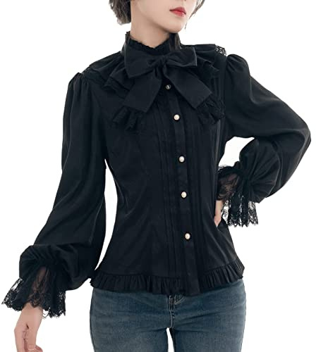 Fiamll Blusa victoriana vintage con lazo, cuello alto con volantes, blusa medieval, Negro n.º 3., M