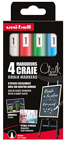 UNI-BALL Chalk Marker - Uni Mitsubishi Pencil - Marqueurs Craie PWE-5M - Marquage Éphémère, Résistant à la Pluie - Pointe Conique Medium, Emballage Zéro Plastique - Lot de 4 Couleurs Assorties