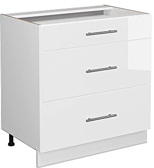 Vicco Küchenunterschrank Fame-Line, Weiß Hochglanz/Weiß, 80 cm mit 3 Schubladen, ohne Arbeitsplatte