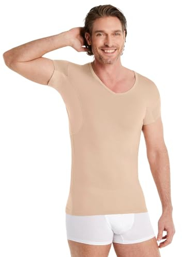 FINN Sweatproof Undershirt Men Short Sleeve - Anti Sweat V-Neck with Pads | V Neck T-Shirt with absorbent underarm shields holding up to 100 ml - nothing marks your clothes. Sleeves cut 5 cm shorter.