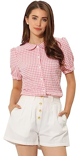 Allegra K Women Peter Pan Collar Plaid Puff Short Sleeve Blouses Pink