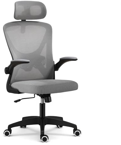 Panana Office Chair Flip-up Armrest Managerial Desk Chair Mesh Back Gas Lift Swivel Chair (High Back Grey)