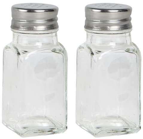 Salt and Pepper Shakers Set (2 Pcs) Salt & Pepper Pots for Kitchen Round Glass Salt Holders Adjustable Pour Holes Stainless Steel Lids Restaurant Camping Dining Kitchen Accessories Assorted Design