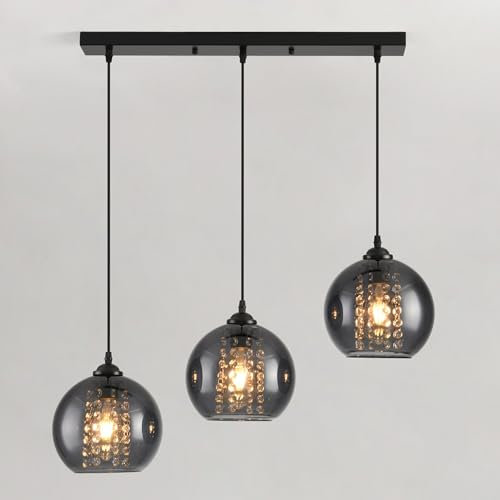 JHYPVII Salle à Manger Suspension Luminaire 3 Lampes Boule Verre Fumé Noir Transparent Réglable en Hauteur Suspension Lampe Suspendue E27 pour Table à Manger Cuisine Salon Bar