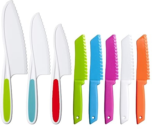NANXJIUR 8PCS Kids Kitchen Knives Set Children's Plastic Nylon Knifen Toddler Safety Cooking Knife Set Knives Serrated Edges Reusable Kids Knives with Crinkle Cutter, Fruit Cutters Shapes