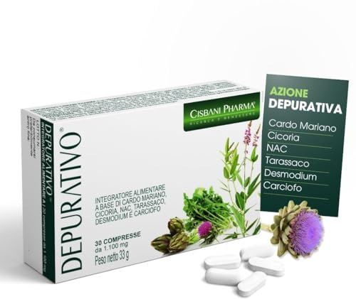 Depurativo Fegato con Cardo Mariano Formula Alto dosaggio 1000mg per dose giornaliera, di cui 800mg di Silimarina, potenziata con Cicoria, NAC, Tarassaco, Desmodium e Carciofo, 30 compresse