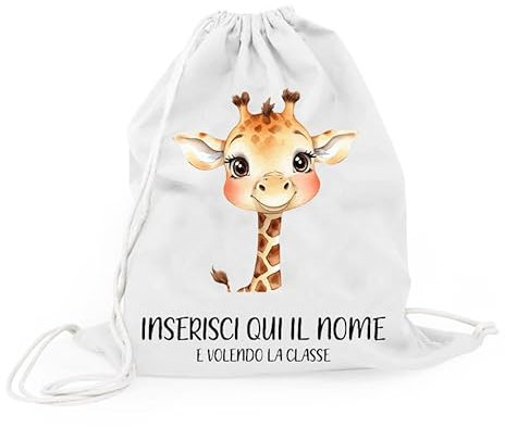 Mr. Gadgets Shopper - Sacchetta Porta Cambio Asilo-.Elementari Personalizzabile Con Nome 100% cotone riutilizzabile-Con manici lunghezza 67cm -Dimensioni 38x42 (Sacchetta, Giraffa)
