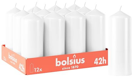Bolsius Candele a pilastro lisce - Colore bianco - 12 pezzi - 15 x 6 cm - Durata 42 ore - Non profumate - Contiene cera vegetale naturale - Senza olio di palma