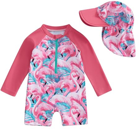 Toddler Baby Girl Swimsuit and Hat Zip Up Long Sleeve All in One Swimming Costume UV Sun Protection Swimwear One Piece Swimming Suit Rash Guard Sunsuit (Animal Flamingo Rose Red, 2-3 Years)