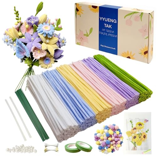 YYUENG TAK 500pcs 6 Colors Pipe Cleaners for Craft Flowers,Pipe cleaners for flower bouquet, Chenille Stems Arts & Crafts with green Floral Wires,Gardening tape,Stamen(2 Colors),Pearls,Pompoms