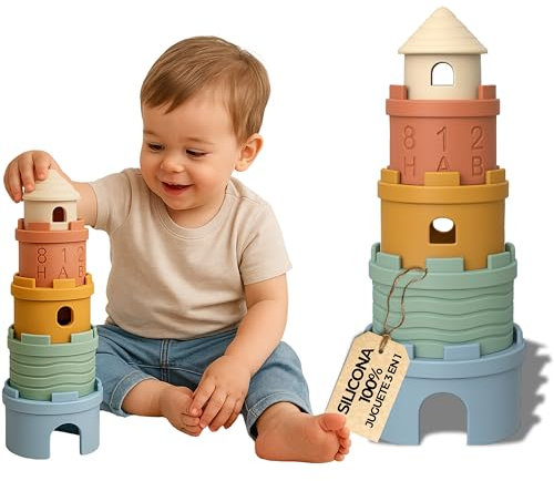 KSIBE Stapelbecher Baby Silikon Montessori Spielzeug 3 in 1 – Stapelturm, Beißring & Badespielzeug | Sensorisches Motorikspielzeug ab 6 Monaten | BPA-frei, Lernspielzeug & Geschenk 1 Jahr