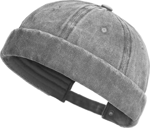 XYIYI Grey Washed Cotton Brimless Hats for Men Vintage Docker Beanie Cap Rolled Cuff Skullcap