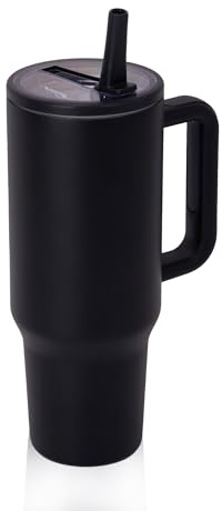 Y·J&H 1 200 ml (40 oz) resetumlare dubbelvägg vakuumisolerad kaffemugg rostfritt stål kaffekopp med handtag och flippsugrör, BPA-fri – svart