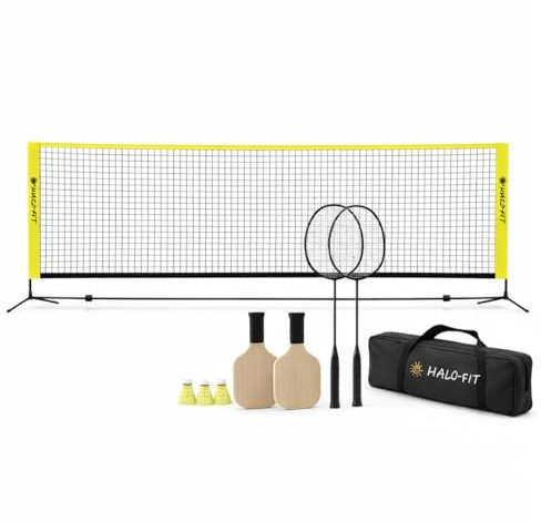 HALOFIT Pickleball & Badminton Set – 2-in-1 Netz mit Schlägern & Bällen – Tragbares Netzsystem für Garten, Indoor & Outdoor – 5 m Netz, 4 Schläger, 2 Pickleball-Bälle, 3 Federbälle & Tragetasche
