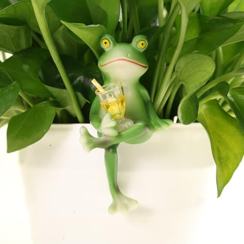lasuroa Tipsy Frog Pot Hugger, Funny Sitting Drinking Frog Statue Resin Flower Pot Hugger Figurines Holding Wine Bottle Decorations for Planter Flowerpot Yard Lawn Garden Ornaments