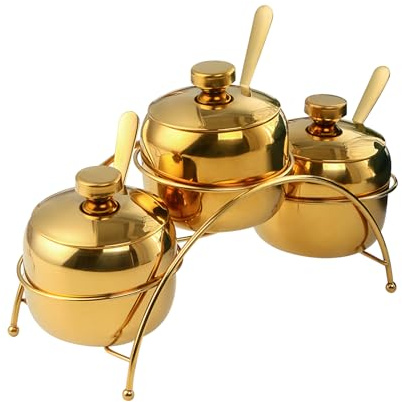 Buyer Star 3-Piece 304 Stainless Steel Seasoning Containers Set with Lid Spoon and Rack, salt and sugar container sets, Condiment Canisters Pots for Serving Sugar, Pepper, Salt, Spice (Gold)