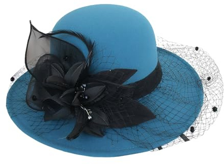 YJZQ Femmes Chapeau Melon en Feutre élégant Bleu Chapeau Cloche à Fleur Voile Bonnet Charleston année 20 Couvre-Chef Style Vintage 56-58CM