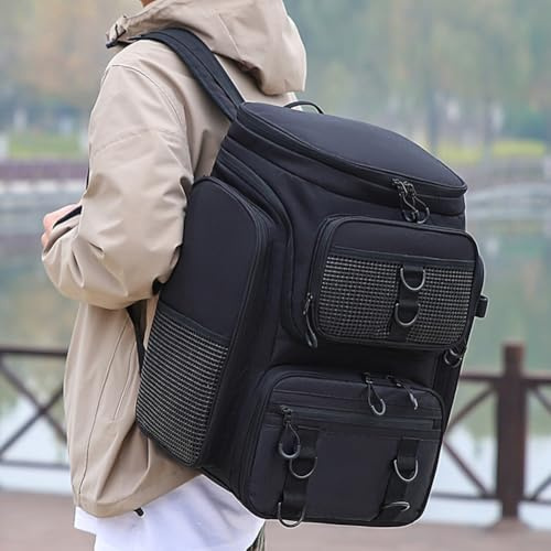 Besttoolifes Sac à dos de pêche Oxford imperméable de grande capacité avec support de canne, plusieurs compartiments pour le rangement, idéal pour le camping, la randonnée et les voyages en plein air