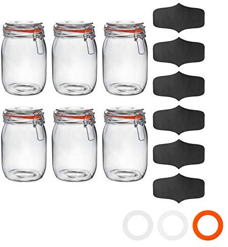 Argon Tableware Glass Jars with Airtight Metal Clip Lid & Chalkboard Stickers - 1000ml/33.8oz - 6 Pack - 4 Colour Seals - Round Container Preserving Jar for Pickling, Chutney, Jam, Coffee