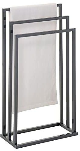 Handtuchhalter KUNO, grau lackiert - freistehender Badetuchhalter mit 3 Stangen, Handtuchständer aus Metall
