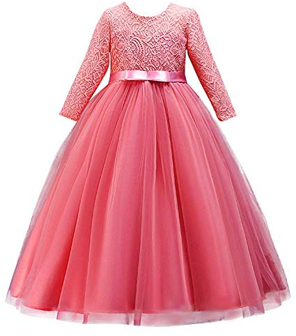 FYMNSI Vestido de Niña de Las Flores Manga 3/4 Tutu Tul Vestido Largo Princesa para Boda Dama de Honor Cumpleaños Fiesta Formal Ceremonia Bautismo Comunión Noche Carnaval Melon Rojo 7-8 Años