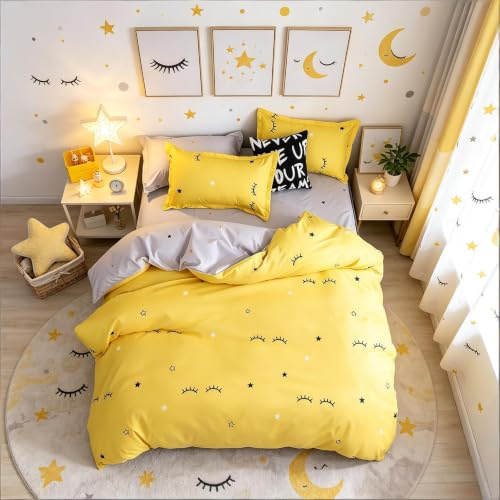 Kids Duvet Cover Set Cute Cartoon Eyelash Curved Stars Reversible Bedding Set for Girls Boys, Decorative Yellow Grey Microfiber Bedding &Linen with 1 Pillow Shams, Zipper, 3Pieces Double Bed Cover