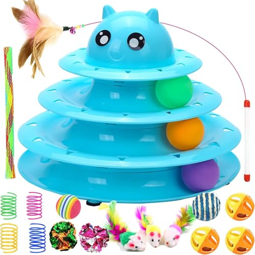 Pawsayes 17 Pack Cat Toys for Indoor Cats adult Kitten Toys Roller 3 Level Cat Ball Toys with Cat kitten essentials cat wand toy Interactive cat toy