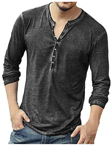 Mens Distressed Henley Shirts Front Placket Retro Long Sleeve Tee Shirts V Neck Casual Button Up Washed T-Shirts Black