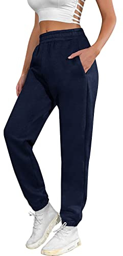 heekpek Pantalon Chandal Mujer Pantalon Algodon Deportivo Sueltos Largos Pantalon Jogger para Mujer Pantalones Deporte con Bolsillos y Elastica Cintura Alta Casual Ropa de Casa, Azul Marino, L
