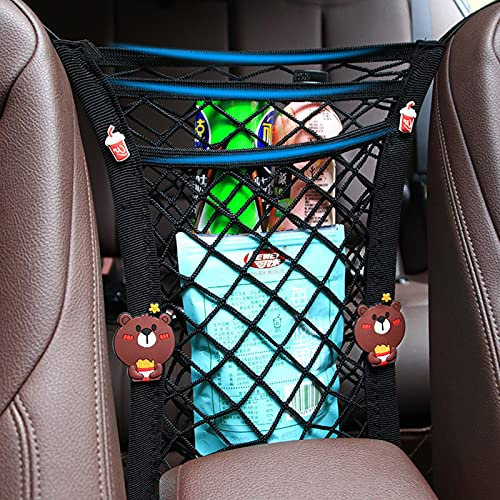 jeufun Car Mesh Organizer 3-Layer,Adjusting Car Net Pocket Between Seats,Cargo Tissue Purse Holder, Driver Storage Netting Pouch for Bag Luggage Pets Children Kids Disturb Stopper